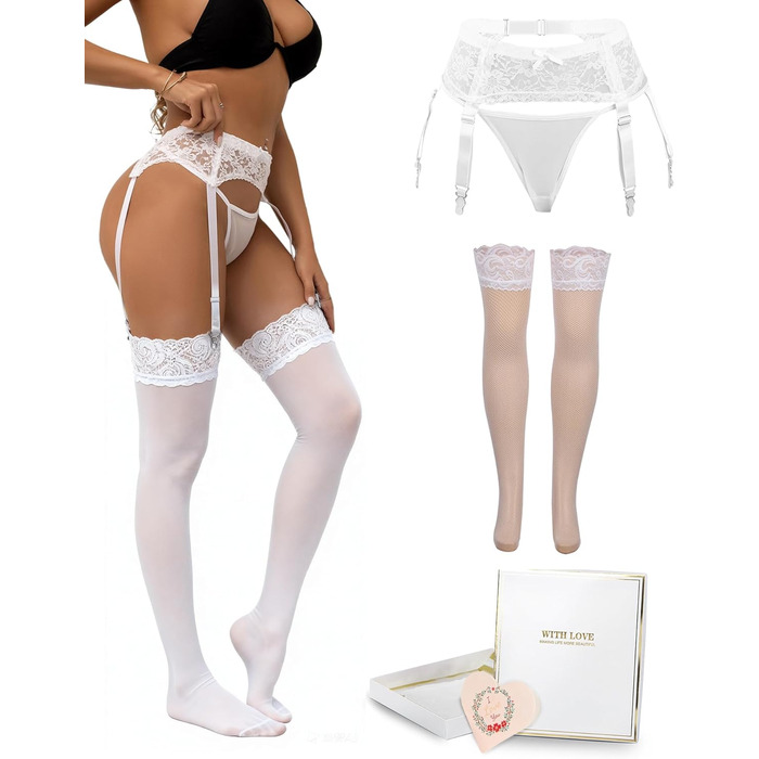 Спідниця-гольф для жінок з мереживом, широка, з 4 кліпсами, сексуальна, великі розміри, прозора білизна, жіночий набір, регульована спідниця-гольф з танго, гальтерний пояс, підтяжки (XL-XXL, 2 шт. - білий гальтер + шкарпетки)