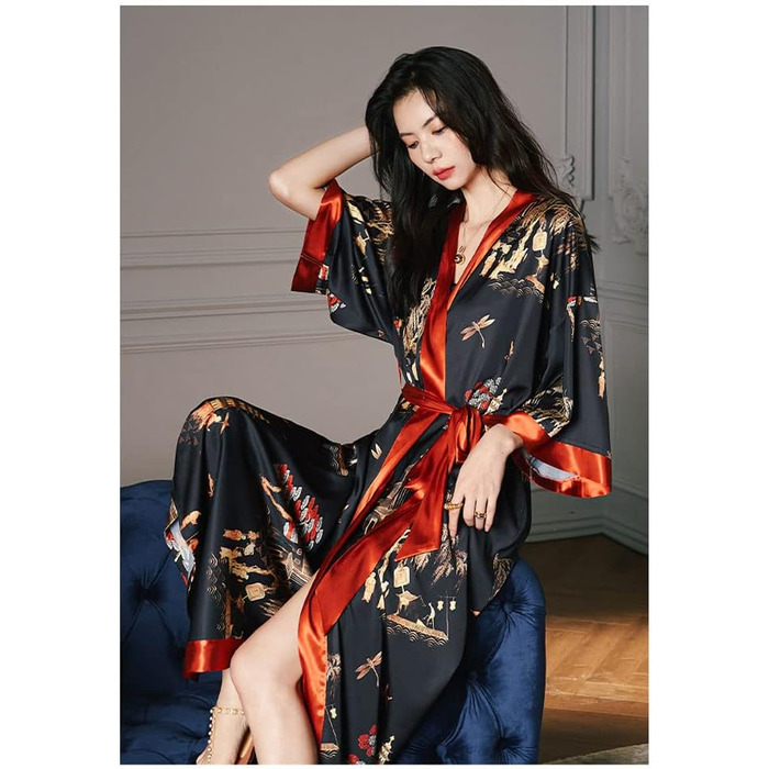 Легкий жіночий халат-кімоно з атласу, сауна, ванна, спа. Чорний, червоний, універсальний розмір.