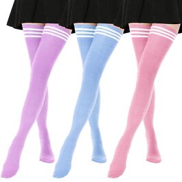 DRESHOW 3 пари дамських панчіх-високих гольфів, надколінних, смугастих. Кольори: фіолетовий, блакитний, рожевий
