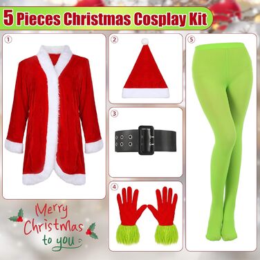 Костюм Діда Мороза Funtery для жінок, 5-ти частинний: сукня з поясом, шапка, смугасті панчохи, рукавички, жовтого та зеленого кольорів