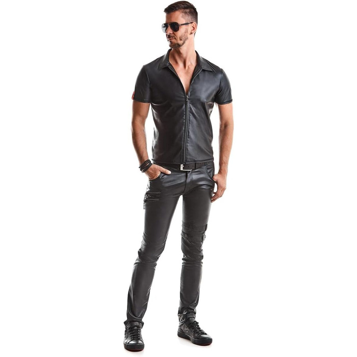 Чоловіча футболка поло з ефектом мокрого блиску, чорна, з коміром-стійкою та блискавкою, Slim-Fit, розмір S