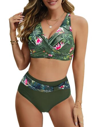 БІКІНІ Nadeer для жінок: сексуальний V-подібний виріз, push-up, двокомпонентний купальник, перехресний дизайн, висока талія, пляжний аксесуар, рожево-зелений колір (M)