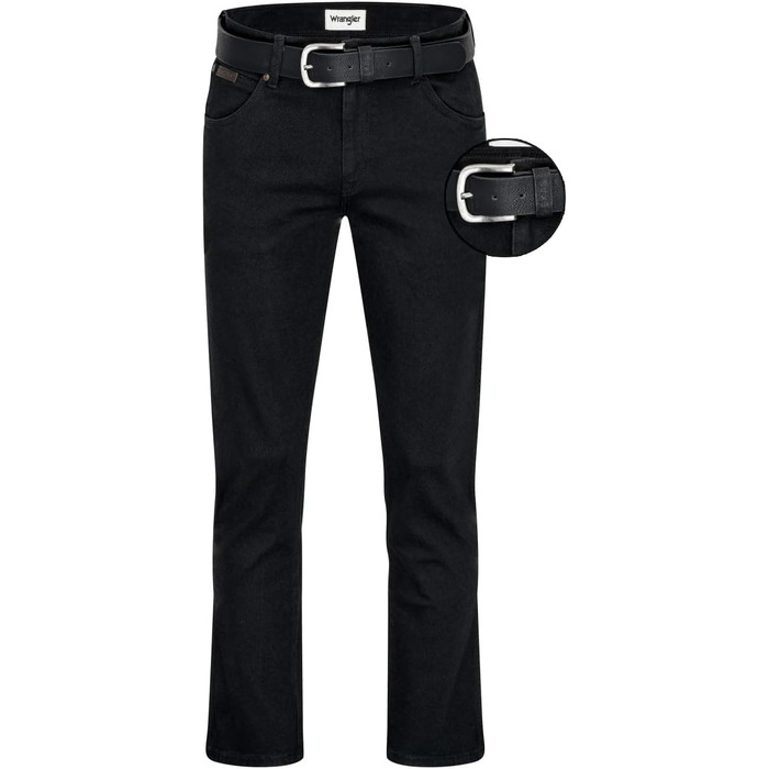 Чоловічі стрейч-джинси Wrangler Texas Regular Fit Authentic Straight, чорні (Black Overdye), з ременем, розмір 34W/32L