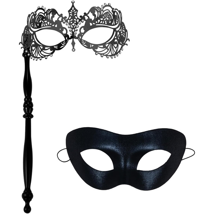 Маска для маскараду Venice Mask Set JewelryWe - пара масок з держателем, металева, з кристалами, чорна, аксесуари для карнавалу, Хелловіну, вечірки, маскарад