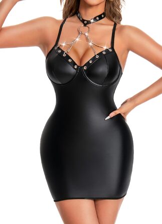 Жіноче шкіряне облягаюче міні-плаття Wetlook з металевим чокером, без рукавів, для клубу, вечірки, Хелловін, Rave, Cocktail Outfits (Чорний, L)