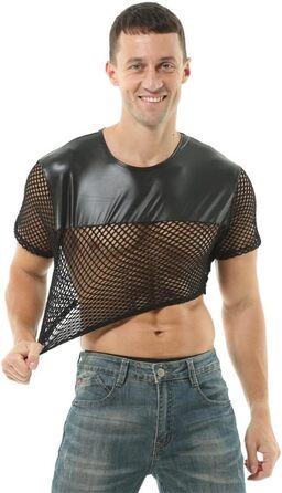 Чоловіча футболка з сітки та штучної шкіри - прозора, стильна