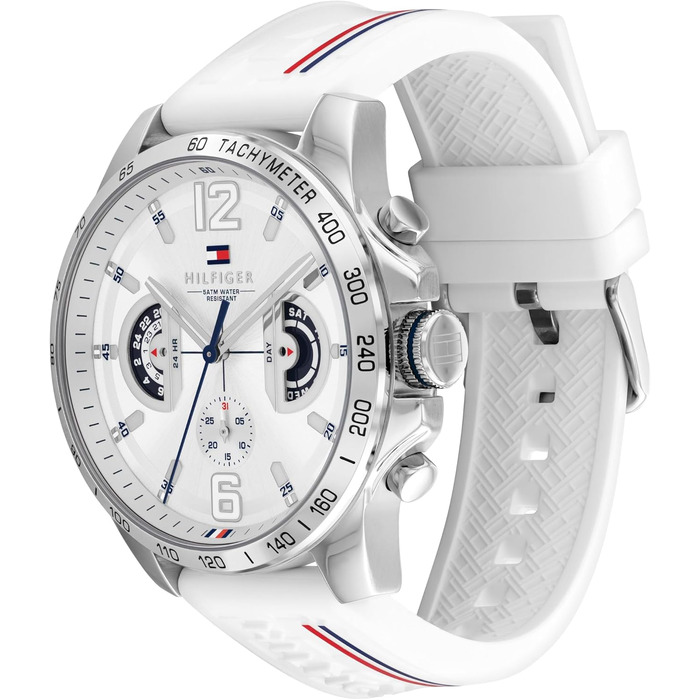 Чоловічий багатофункціональний кварцовий годинник Tommy Hilfiger білого кольору з силіконовим ремінцем, водонепроникність 5ATM