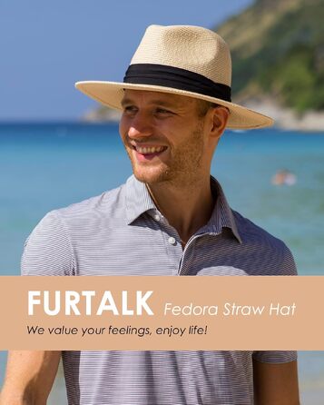 Солом'яний панама-капелюх FURTALK з широкими полями від сонця та UV-захистом, унісекс (L-XL, бежевий з чорною стрічкою)