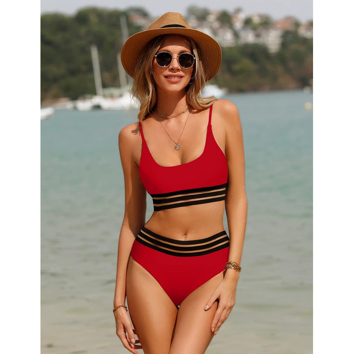 Бікіні Daen Set - двочастинний купальник пуш-ап з високою талією, спортивний, червоний (L)