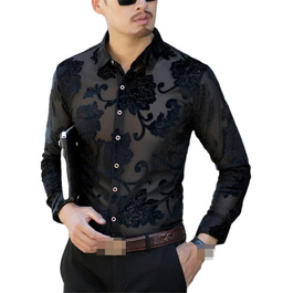 Чоловіча прозора сорочка Bollrllr з квітковою вишивкою, мереживна сорочка, сексуальний прозорий одяг, чорна сорочка XXL