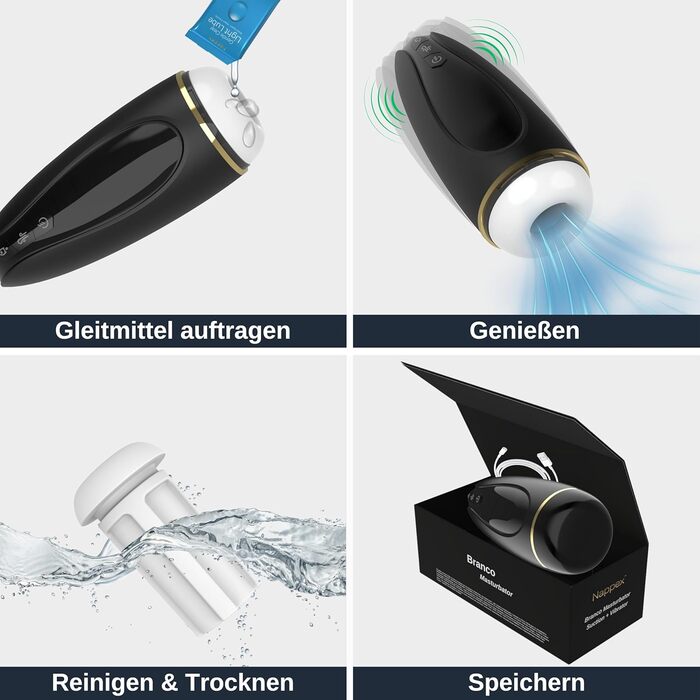 Електричний мастубатор для чоловіків Nappex Branco з потужним всмоктуванням та вібрацією, режим оргазму, чорний