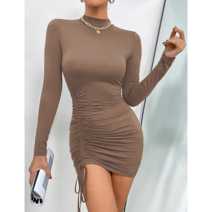 Жіноче обтисле плаття-боді з високим коміром, міні, осіннє, сексуальне, для вечірок з шнурівкою, еластичне, повсякденне, модне (L, світло-коричневе)