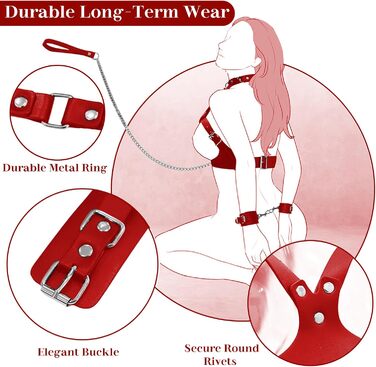 Набір BDSM 6-в-1: наручники, шлея для тіла, чіп, батіг, маска для очей, мотузки для фіксації. Для пар. Червоний колір.