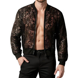 Чоловіча мереживна куртка AIEOE з довгим рукавом, сітчаста сорочка, топ для вечірок, клубної моди, прозора блейзер, сітчаста сорочка для нічного клубу, карнавалу, чорного кольору