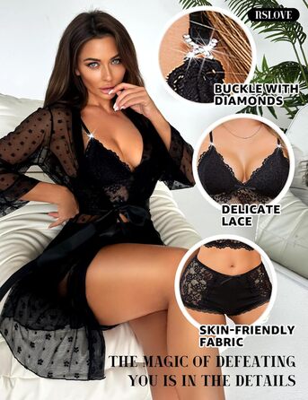 Сексуальний комплект спідньої білизни RSLOVE для жінок - мереживний халат, бюстгальтер та труси XXL чорного кольору