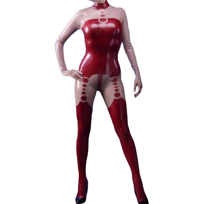 Костюм-комбінезон з прозорого матеріалу та червоної шкіри, з блискавкою спереду, облягаючий, фетиш, клубний, для дорослих, XXL