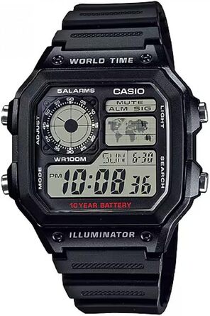Чоловічий цифровий годинник Casio AE-1200WH-1AVEF зі сталевим ремінцем, водонепроникний, чорний