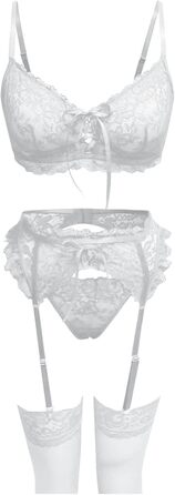 Сексуальний жіночий комплект спідньої білизни з стріжками: мереживний бюстгальтер push-up та труси G-string, висока талія, V-подібний виріз, білий, XXL