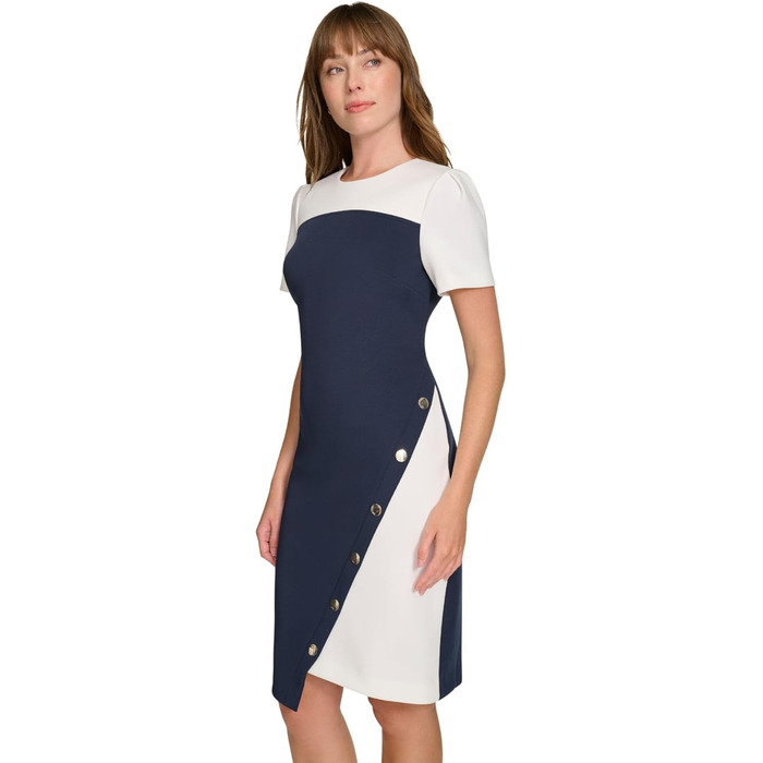 Сукня-футляр Tommy Hilfiger Scuba-Krepp, короткий рукав, з заклепками, асиметричний поділ, розмір 36-38, колір Sky Captain/Elfenbein