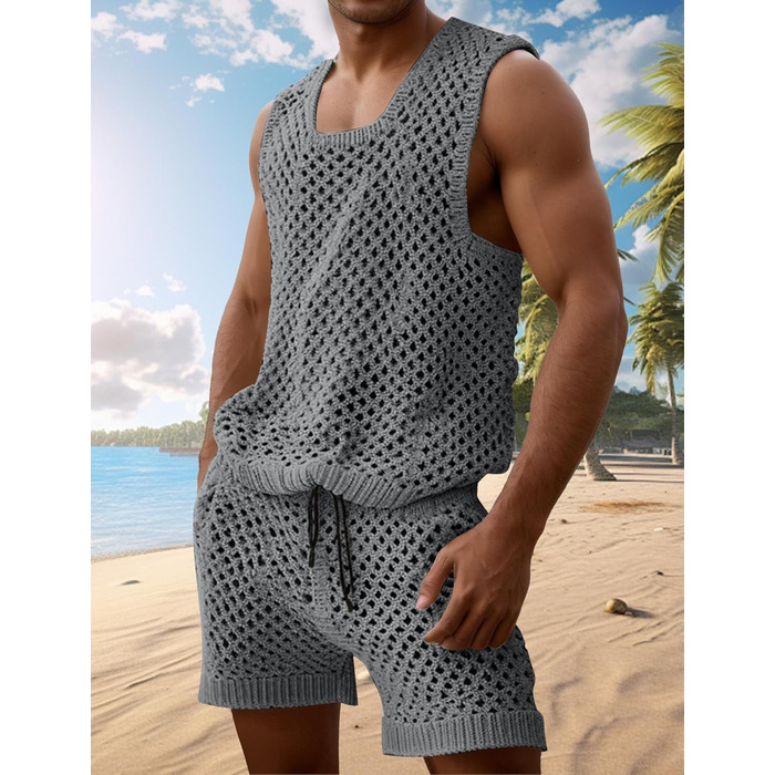 Костюм-сет чоловічий AIEOE з сітки (короткі шорти та сорочка), сірий, розмір 3XL