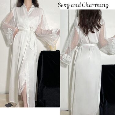 Шовковий халат-кімоно Lang Satin Sexy для жінок: елегантний халат з мереживом та паєтками для вечірки, весілля, нареченої або дружки. Довгі рукави, Patchwork, ніжні кольори.