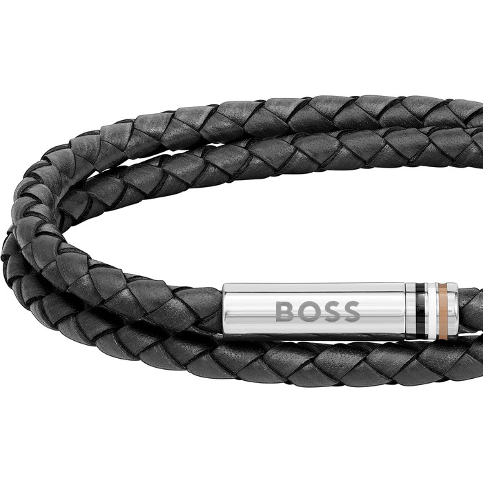 Чоловічий шкіряний браслет BOSS із колекції ARES, плеotene шкіряне плетіння, чорний колір, розмір M