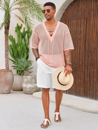 Чоловіча пляжна сорочка Runcati з шнурівкою, V-подібний виріз, в'язана, мереживна, прозора, літня сорочка (Рожева, L)