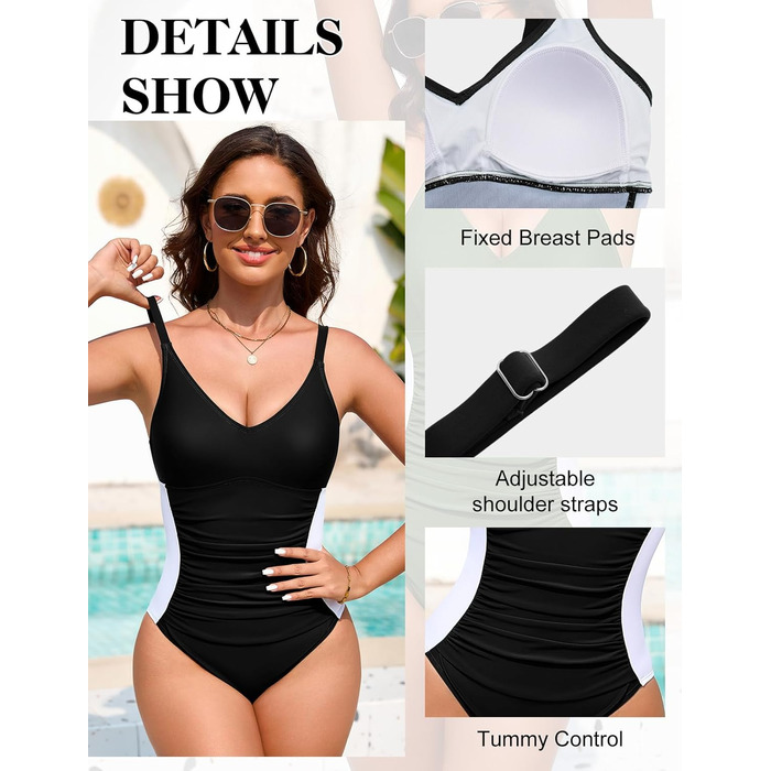 Чоловічий купальник Badeanzug Damen Bauchweg Figurformend Sexy V-Ausschnitt One Piece Swimsuit Verstellbare Schultergurte Seitentaille mit Farbblock Schwimmanzug Schwarz L