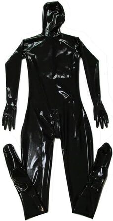 Комбінезон-костюм з латексу для чоловіків GAYLOP з капюшоном, рукавичками та шкарпетками. Чорний латексний боді з капюшоном, повний костюм.