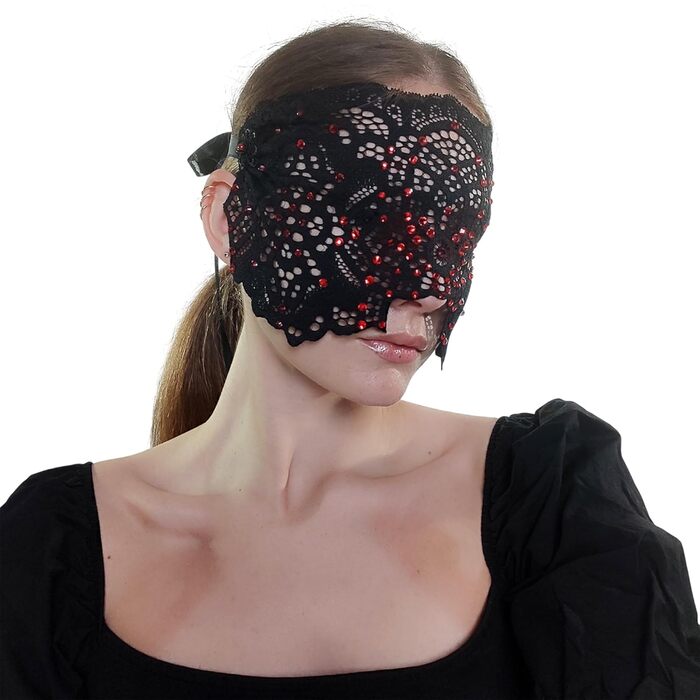 Ручна вишита мереживна маска на обличчя з камінням для жінок, чорна маска для маскараду, балу, карнавалу, весілля, бурлеску, косплею, Марді Гра (чорний колір з червоними каміннями)