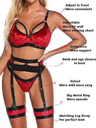 Жіночий комплект спідньої білизни Aranmei: готичний набір з 4 частин (бра, трусики, стрінг, пояс для панчіх), червоний велюр