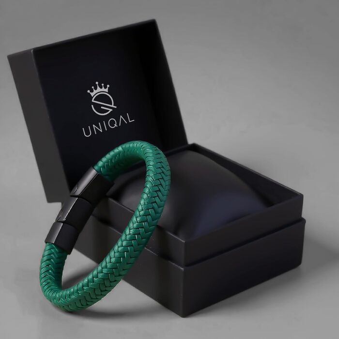 Чоловічий шкіряний браслет UNIQAL 'BRAID' з нержавіючої сталі, плетений, чорний з зеленим, 21 см (у подарунковій коробці)