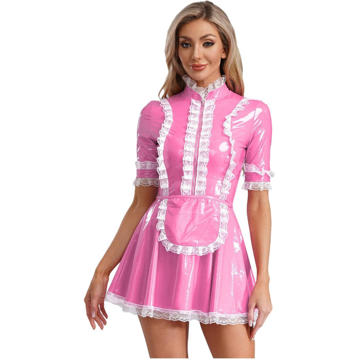 Костюм горничної MSemis: сексуальний набір нижньої білизни з ефектом вологого блиску, готичний стиль, французький дизайн, рожевий колір (L)