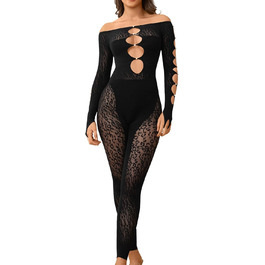 Жіночий комбінезон MD FootThera з довгими рукавами, обтислий, мереживний, прозорий, чорний