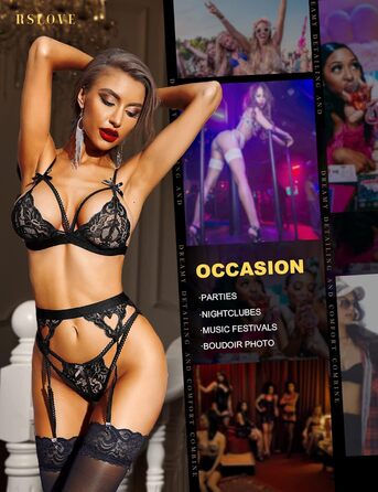 Комплект спідньої білизни RSLOVE для жінок: мереживний тіло, боді, 3 шт., чорний