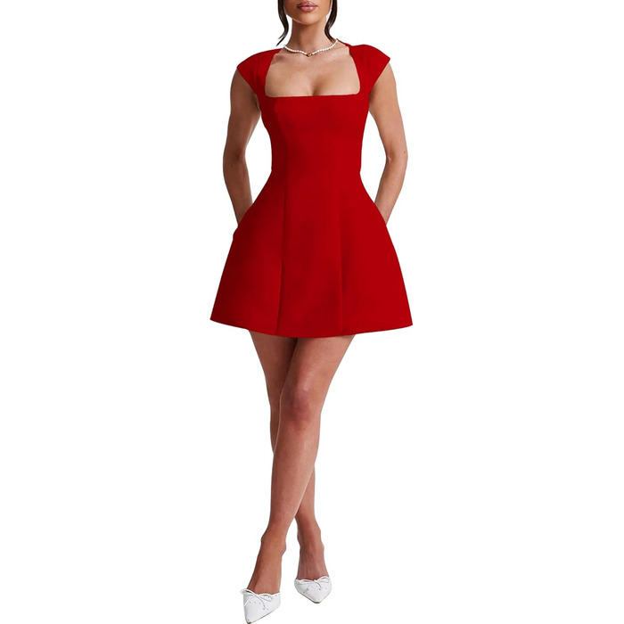 Жіноче міні-плаття LuFeng з квадратним вирізом, рукавами-крилами, повною підкладкою, блискавкою, силуетом А, для вечірок та клубів, сучасне, червоне/подорож, однотонне (Getaway Solids)