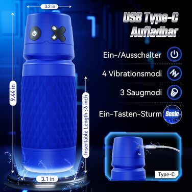 Іграшка для чоловіків Eanatoys Masturbieren – мастурбатор з 3 сосками, 4 вібраторами, 3D реалістична вагіна, функція імітації оргазму, портативна секс-іграшка, блакитна