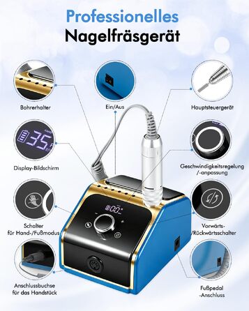 Професійний електричний апарат для манікюру та педикюру CozyZen 35 000 об/хв з LCD-дисплеєм, ножною педаллю та ручним керуванням для акрилу, гелю та натуральних нігтів (Блакитний)