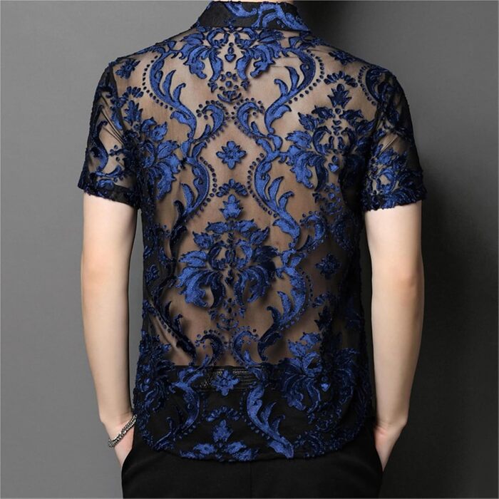 Чоловіча сорочка Sawmew, сітка, прозора, коротка, для клубів, мереживна, блакитна S