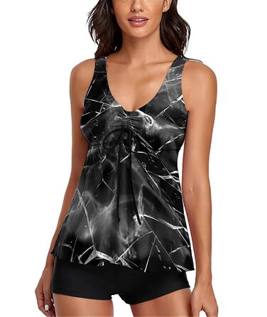 Танкіні жіночий купальник з високою талією, Push Up верхня частина з плавками, комплект двокомпонентний, літній принт, купальники для жінок, пляж, відпустка, дозвілля (Сірий море, M)