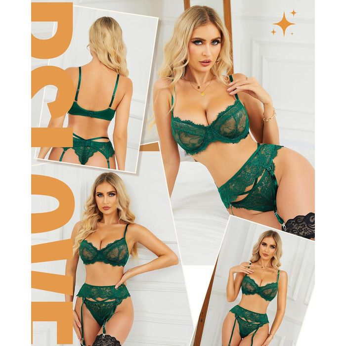 Комплект нижньої білизни RLOVE для жінок: бюстгальтер, трусики, мереживний набір (S, Зелений)