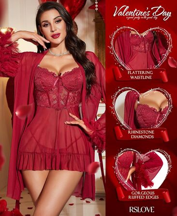 RSLOVE Комплект сексуальної білизни для жінок - мереживний комплект ніжної білизни Babydoll з халатом, 2-частинний, Negligee, нічна сорочка, бордовий