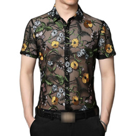 Чоловіча сорочка Yeuyyben з квітковою вишивкою, прозора, літня, з короткими рукавами, для вечірок, клубів, випускних, чорна