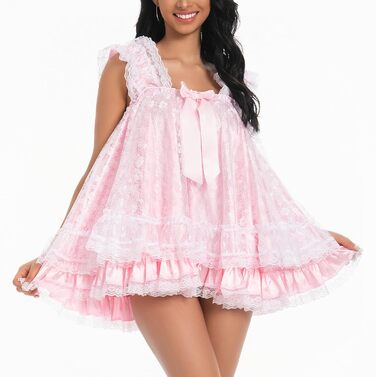 Нічна сорочка Satini Dessous у стилі Bebydoll з рюшами та мереживом, Cosplay, XL, рожевий - білий