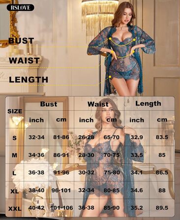 RSLOVE Комплект нижньої білизни з мережива, 3-частини: бюстгальтер, труси T-подібного крою, нічна сорочка (блакитний)