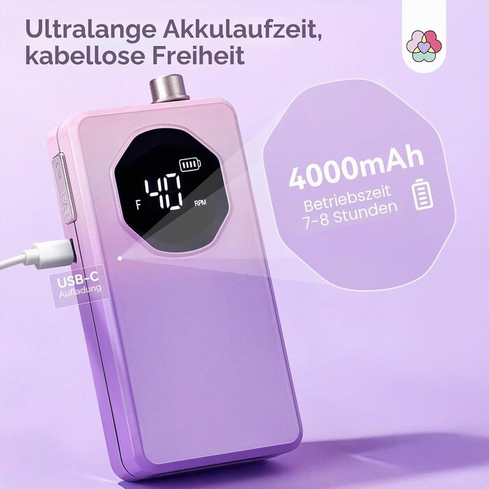Професійний електричний апарат для манікюру та педикюру SAVILAND 40000 об/хв, портативна акумуляторна фреза для нігтів 12 в 1 з LCD-дисплеєм, для акрилових та гелевих нігтів, градієнтний рожево-фіолетовий