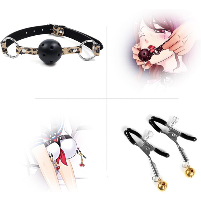 Набір для БДСМ з екошкіри Leopard Print (8 предметів): наручники, пітч, обручі, мотузка, ніпель-кліпси