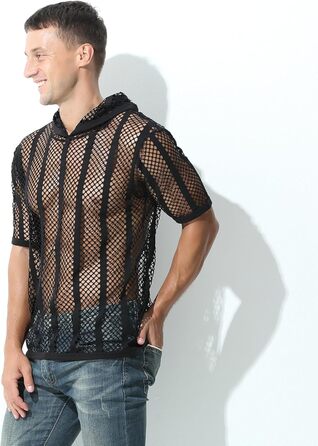 Чоловічий худі Evankin з сіткою, прозорий, короткий топ, футболка, прозорий пуловер (чорний, L)