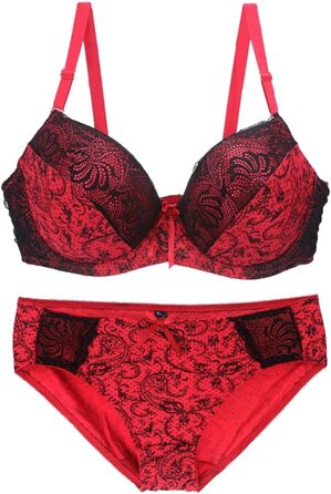 Чорний мереживний бюстгальтер та труси Moonbadi з пуш-ап, розмір 85E, червоний