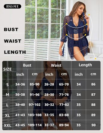 RSLOVE Комплект сексуальної білизни для жінок - мереживний халат, бюстгальтер та труси, S, темно-синій